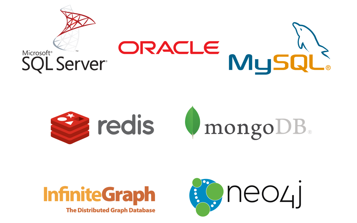 SQL Server، Oracle، MySQL، Redis، MongoDB، InfiniteGraph، Neo4j